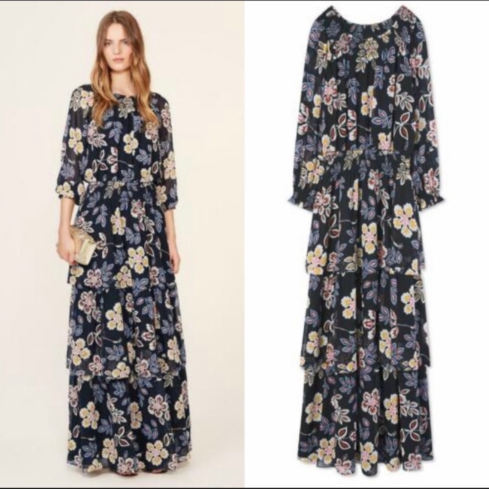 Tory Burch Silk Black Floral Indie Tiered Maxi Dress